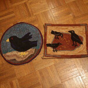 LOT of 2 Primitive Folk Art HAND HOOKED Bird Rugs Round & Square 14" Accent Mats